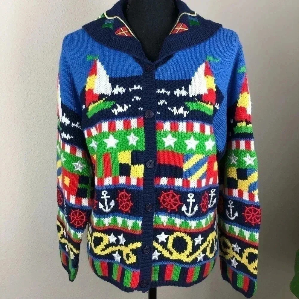 Eagle’s Eye Women’s Sail Boat Themed Hand Knit Sweater Jumper Size Medium